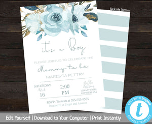 Floral Baby Shower Invitation, Printable Baby Shower Invite, Baby Boy Shower Invitation, It's A Boy, Invitation Template, Watercolor, Blue