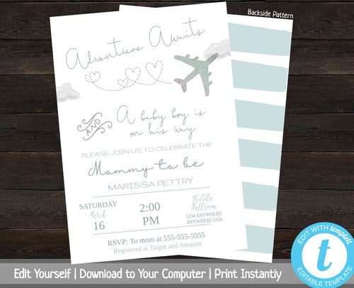 Adventure Awaits Baby Shower Invitation, Printable Baby Shower Invite, Boy Adventure Baby Shower Invitation, Invitation Template, Airplane