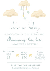 Cloud Baby Shower Invitation, Printable Baby Shower Invite, Boy Baby Shower Invitation, Clouds and Stars, Invitation Template, Yellow, Blue