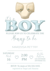 Diaper Baby Shower Invitation, Printable Shower Invite, Baby Shower Invitation Boy, Baby Boy, Invitation Template, Blue, Yellow, It's a Boy