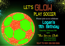 Load image into Gallery viewer, Soccer Birthday Invitation, Let&#39;s Glow Play Soccer, Birthday Party Invitation Template, Neon Party Invitation, Printable Bday Party Invite