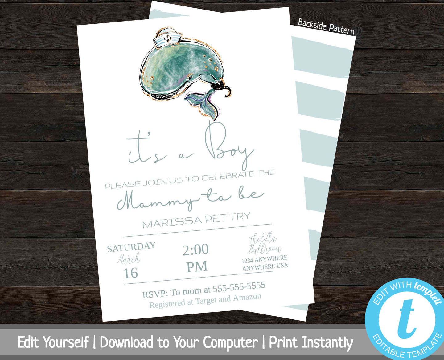Whale Baby Shower Invitation, Nautical Baby Shower Invite, Printable Baby Shower Invitation, Invitation Template, It's a Boy, Blue Whale