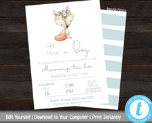 Load image into Gallery viewer, Fox Baby Shower Invitation, Animal Baby Shower Invite, Printable Baby Shower Invite, Invitation Template, It&#39;s a Boy, Woodland Baby Shower