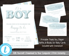 Load image into Gallery viewer, Baby Shower Invitation Set, Boy Baby Shower Package, Simple Baby Shower Invitation, Baby Shower Bundle, Printable Shower Invite, It&#39;s a Boy