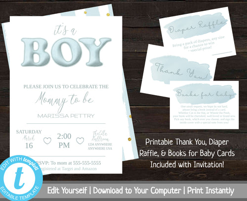 Baby Shower Invitation Set, Boy Baby Shower Package, Simple Baby Shower Invitation, Baby Shower Bundle, Printable Shower Invite, It's a Boy