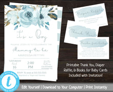 Load image into Gallery viewer, Floral Baby Shower Invitation Set, Baby Shower Invitation Boy, Baby Shower Bundle, Baby Shower Package, Printable Invite, Blue Watercolor