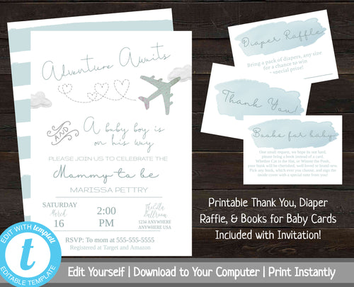 Adventure Awaits Baby Shower Invitation, Boy Baby Shower Invitation, Baby Shower Set, Baby Shower Bundle, Printable Invite Package, Airplane