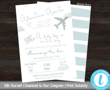 Load image into Gallery viewer, Adventure Awaits Baby Shower Invitation, Boy Baby Shower Invitation, Baby Shower Set, Baby Shower Bundle, Printable Invite Package, Airplane