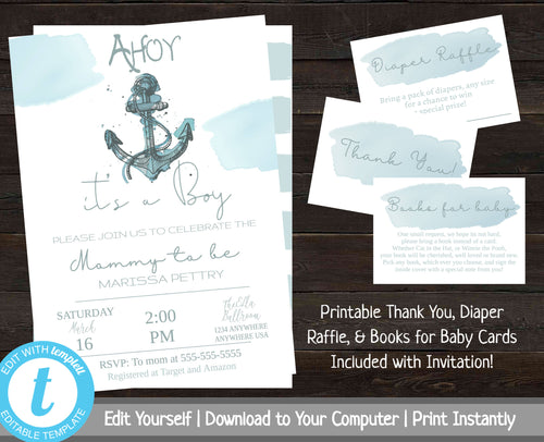 Ahoy It's a Boy Baby Shower Invite Set, Baby Shower Invitation Boy, Nautical Shower Invitation Package, Invitation Bundle, Printable, Anchor