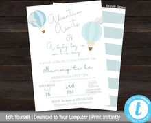 Load image into Gallery viewer, Adventure Awaits Baby Shower Bundle, Baby Shower Invitation Boy, Shower Set, Baby Shower Bundle, Printable Invite Package, Hot Air Balloon