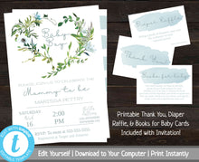 Load image into Gallery viewer, Greenery Baby Shower Invite, Baby Shower Invitation Set, Heart Wreath Shower Invitation Package, Boy Baby Shower Invite, Bundle, Printable