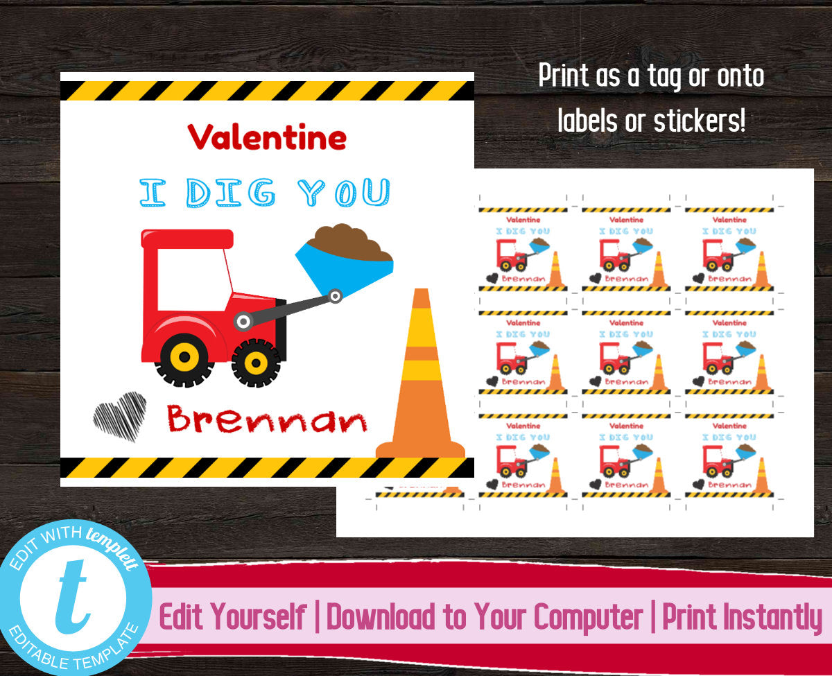 Valentine's Day Tag, Editable Valentine Sticker, Construction Valentine, Kid Valentine, Classroom Valentine's, Valentines Day Gift Label