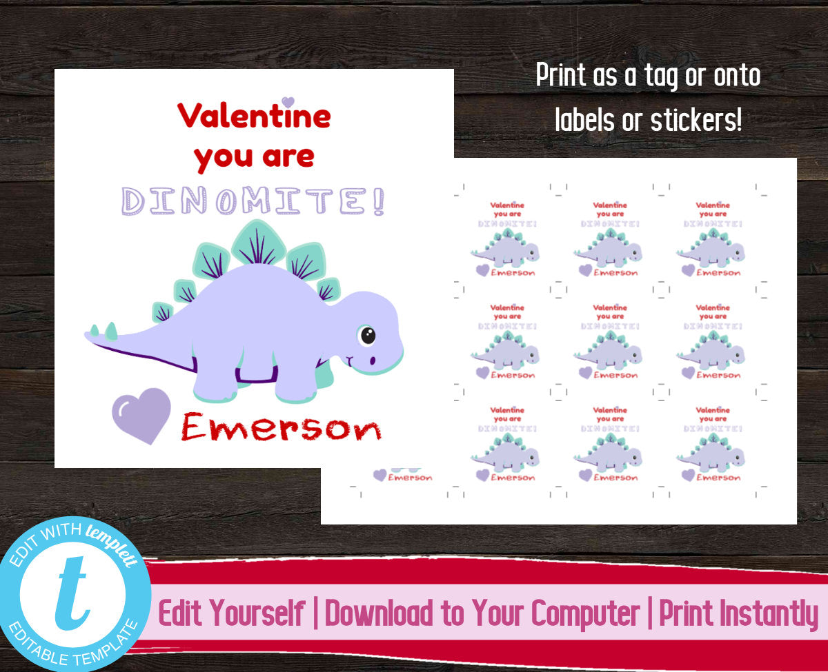 Kids Valentine's Day Tag, Printable Valentine Sticker, Editable Valentines Gift Label, Valentine You Are Dinomite, Kid Valentines Day Gift