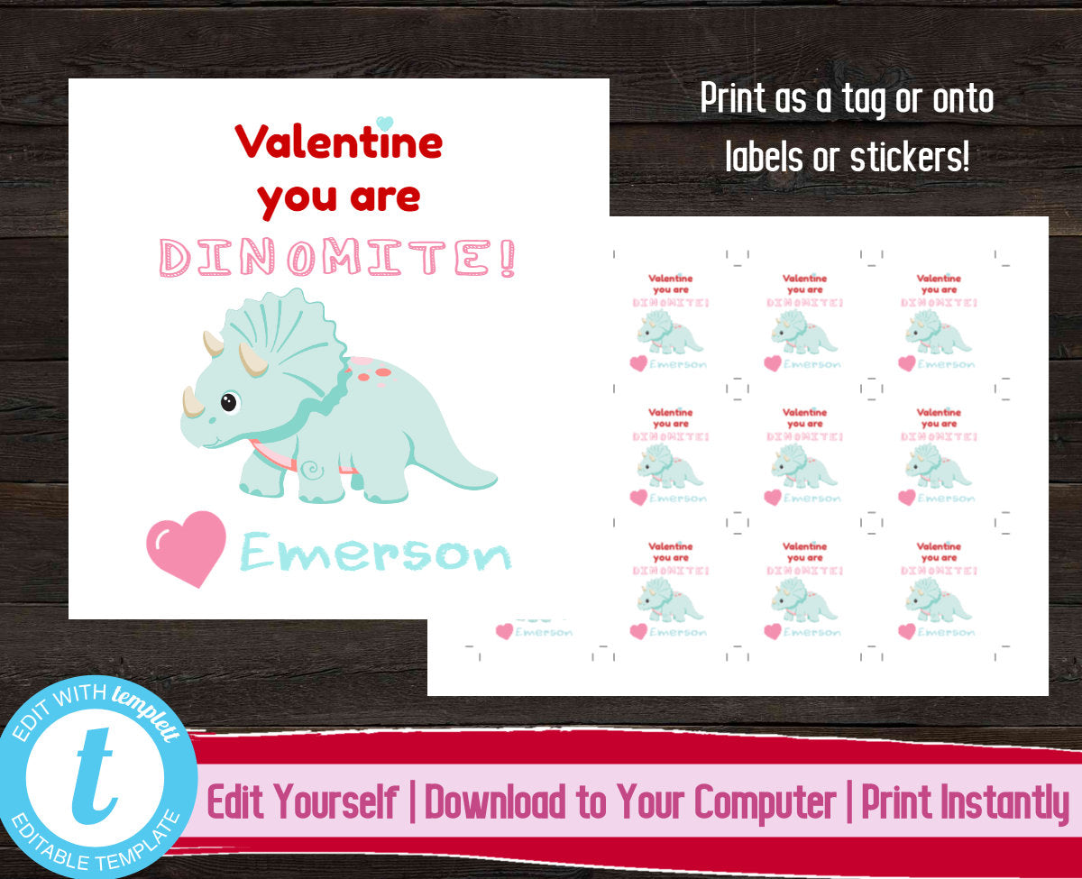 Kids Valentine Tags, Printable Valentine's Day Stickers, Editable Valentine Gift Labels, Classroom Valentine, Valentine You Are Dinomite