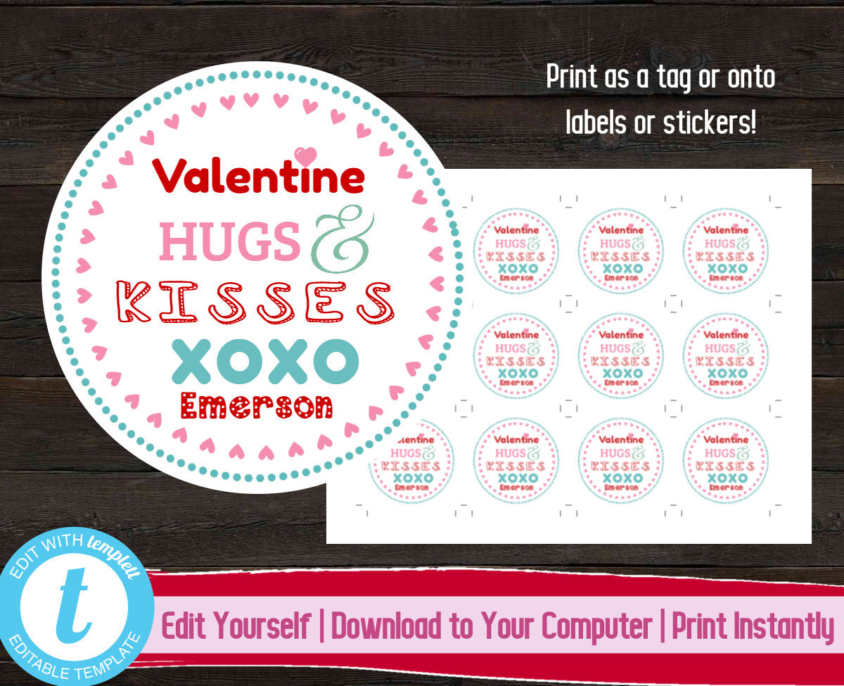 Editable Valentine's Day Tag, Printable Valentine Label, Valentines Day Gift, Printable Kids Valentine Stickers, Chocolate Hugs and Kisses