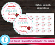 Load image into Gallery viewer, Applesauce Valentine&#39;s Day Label, Printable Valentine Sticker, Valentines Day Tag, Kids Valentine, You Are My Main Squeeze, Awesome Sauce