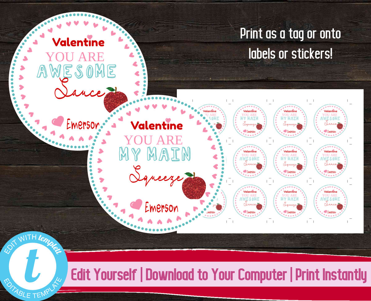 Applesauce Valentine's Day Label, Printable Valentine Sticker, Valentines Day Tag, Kids Valentine, You Are My Main Squeeze, Awesome Sauce