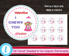 Load image into Gallery viewer, Bubblegum Valentine&#39;s Day Tags, I Chews You Valentine Sticker, Valentine Gift Label, Printable Kids Valentines Day Tags, Classroom Valentine