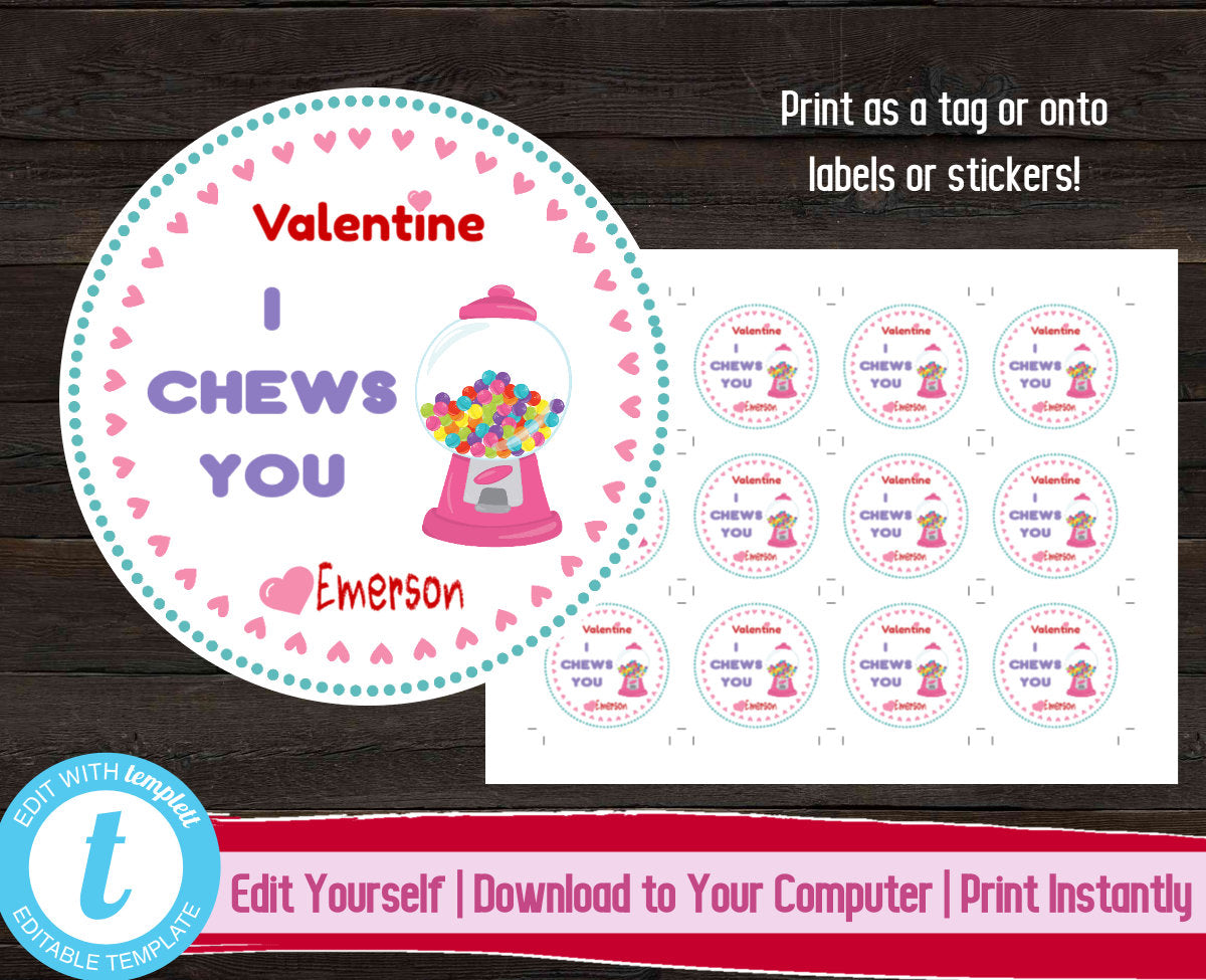 Bubblegum Valentine's Day Tags, I Chews You Valentine Sticker, Valentine Gift Label, Printable Kids Valentines Day Tags, Classroom Valentine