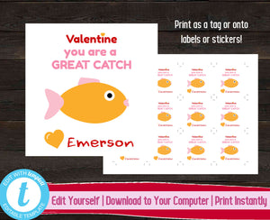 Printable Valentine's Day Tags, You Are A Great Catch Valentine's Day Labels, Valentines Gift Stickers, Kids Valentine, Classroom Valentines