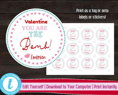 Bath Bomb Valentine's Day Tag, Kids Valentine's Day Stickers, Valentines Gift Label, You Are The Bomb Kids Valentine, Classroom Valentines