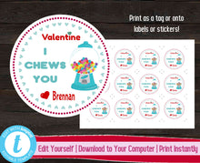 Load image into Gallery viewer, I Chews You Valentine&#39;s Day Tags, Bubblegum Valentine Sticker, Printable Valentine Gift Label, Kids Valentines Day Tags, Classroom Valentine