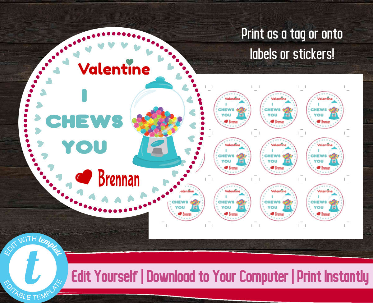 I Chews You Valentine's Day Tags, Bubblegum Valentine Sticker, Printable Valentine Gift Label, Kids Valentines Day Tags, Classroom Valentine