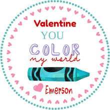 Load image into Gallery viewer, Editable Valentine&#39;s Day Tag, Kids Valentines Day Stickers, Crayon Valentine&#39;s Day Gift Label, You Color My World, Printable Kids Gift Tag