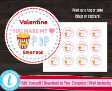 Load image into Gallery viewer, Valentine&#39;s Day Gift Tag Popcorn, Editable Valentines Day Sticker, Printable Valentine Label, Kids Valentine Tags, You Make My Heart Pop