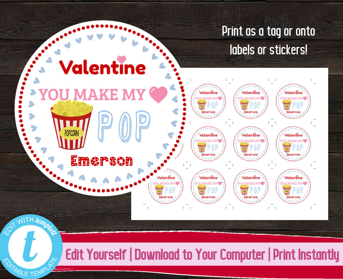 Valentine's Day Gift Tag Popcorn, Editable Valentines Day Sticker, Printable Valentine Label, Kids Valentine Tags, You Make My Heart Pop