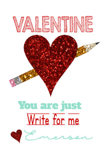 Printable Valentine's Day Tag, Glitter Valentines Day Stickers, Pencil Valentine Label, Kids Valentines, You Are Just Write For Me, Heart