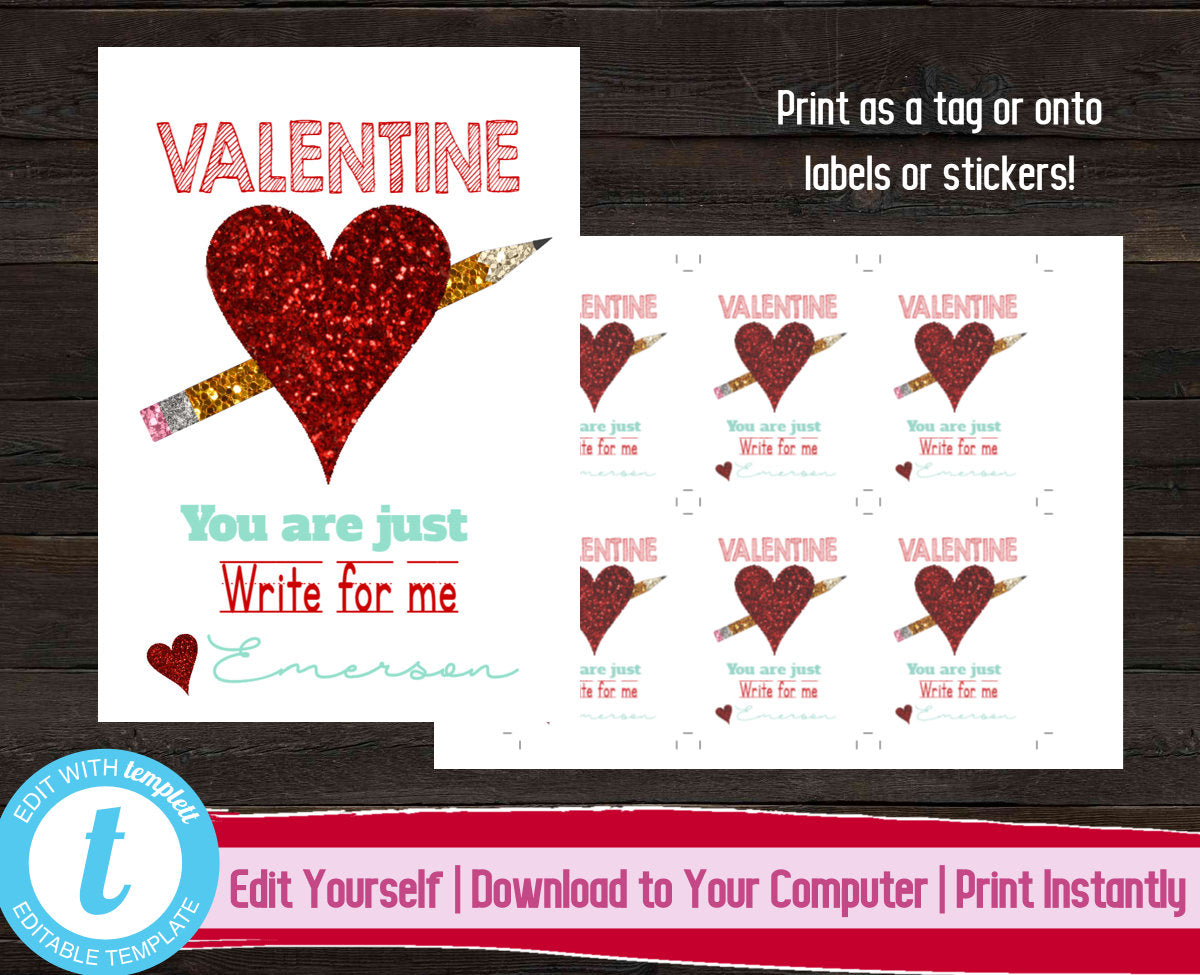 Printable Valentine's Day Tag, Glitter Valentines Day Stickers, Pencil Valentine Label, Kids Valentines, You Are Just Write For Me, Heart