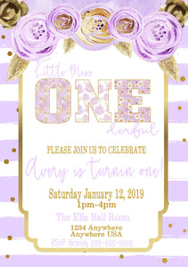 Little Miss ONEderful Birthday Invitation , Birthday Invitation , Rustic Girls Invitation Purple and Gold Girl Birthday Invite, Shabby Chic
