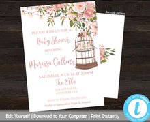 Load image into Gallery viewer, Bird Baby Shower Invite, Rustic Baby Shower, Floral Baby Shower, Printable Baby Shower Invitation, Invitation Template, Girl Baby Invite