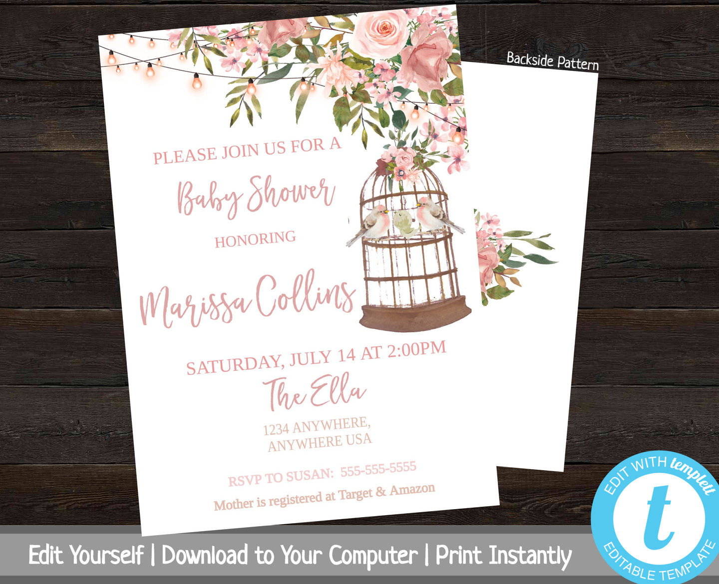 Bird Baby Shower Invite, Rustic Baby Shower, Floral Baby Shower, Printable Baby Shower Invitation, Invitation Template, Girl Baby Invite