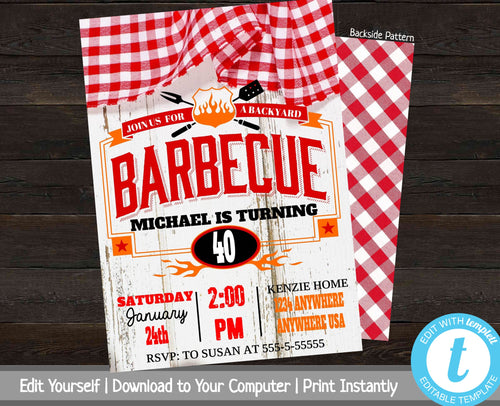 BBQ Invitation, BBQ Birthday Invite, Printable BBQ Party Invite, Barbeque Invitation, Backyard Birthday Party, Invitation Template, Checkers