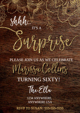 Load image into Gallery viewer, Rustic Surprise Party Invite, Floral Birthday Invitation, Surprise Birthday Invitation, Shh It&#39;s A Surprise, Milestone Birthday, Wood, Gold