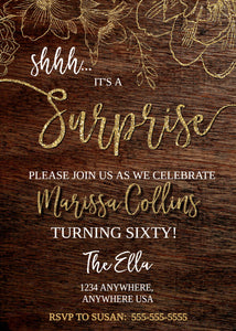 Rustic Surprise Party Invite, Floral Birthday Invitation, Surprise Birthday Invitation, Shh It's A Surprise, Milestone Birthday, Wood, Gold