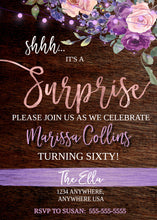 Load image into Gallery viewer, Shhh It&#39;s A Surprise, Surprise Party Invite, Floral Birthday Party Invitation, Surprise Birthday Invitation, Milestone Birthday, Rustic Wood