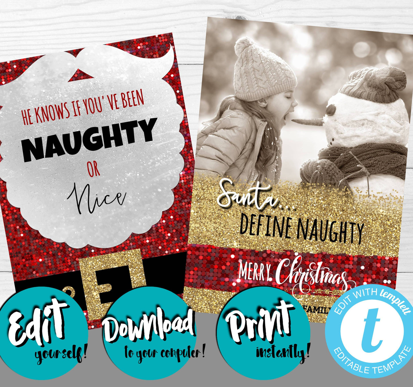 Naughty or Nice Christmas Card, Photo Christmas Card, Glitter, Santa Define naughty, Merry Christmas, Holiday, Christmas , Editable Xmas