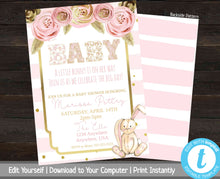 Load image into Gallery viewer, Pink and Gold Baby Shower Invite, Bunny Baby Shower, Floral Baby Shower Invitation, Printable Shower Invite, Gold Glitter, Girl Baby Invite