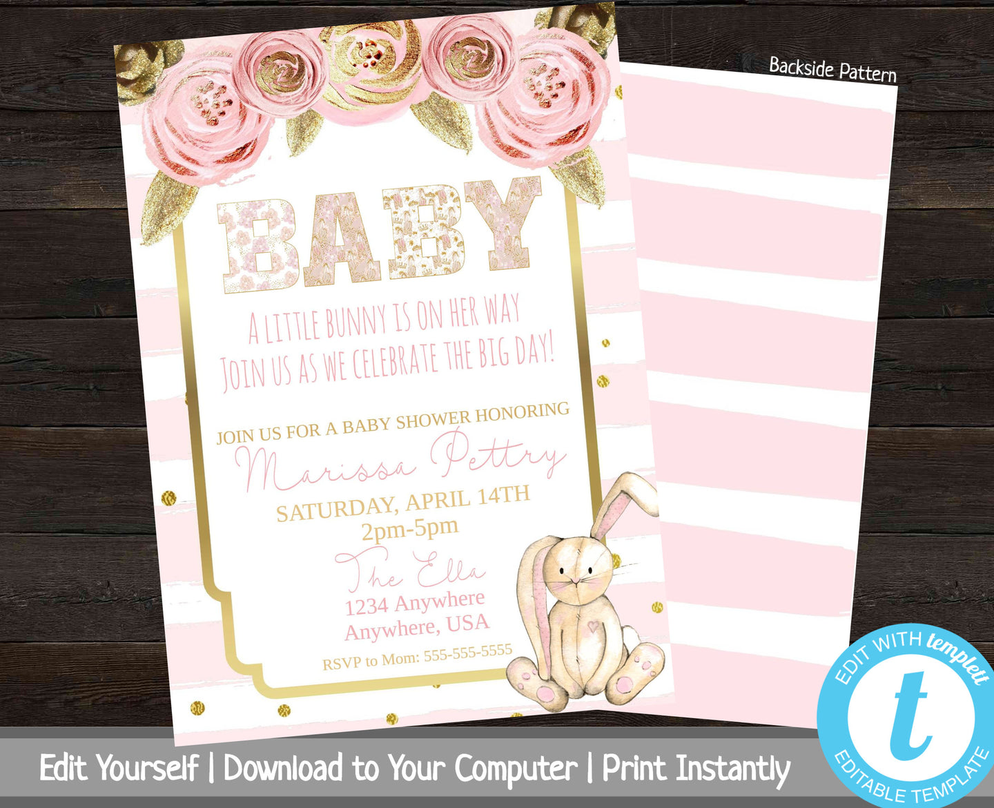 Pink and Gold Baby Shower Invite, Bunny Baby Shower, Floral Baby Shower Invitation, Printable Shower Invite, Gold Glitter, Girl Baby Invite