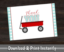 Load image into Gallery viewer, Red Wagon Thank You Card, Printable Thank You Cards, Baby Shower Thank You, Baby Shower Invitation, Instant Download, Light Blue Checkers