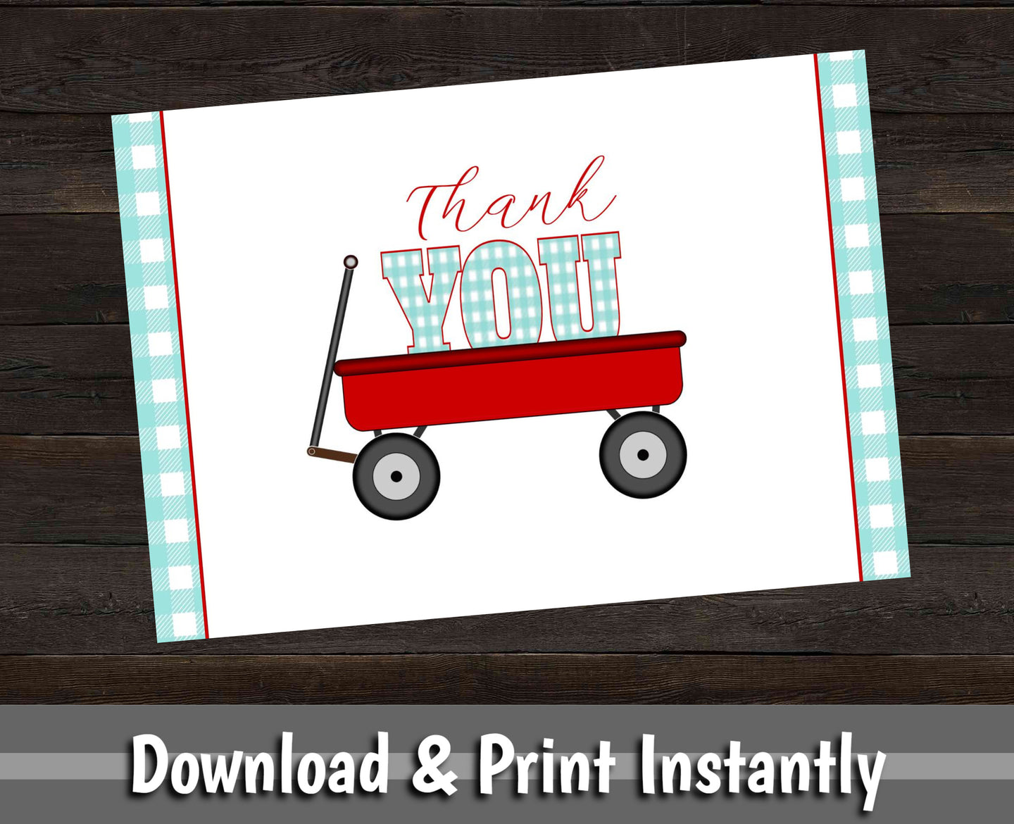 Red Wagon Thank You Card, Printable Thank You Cards, Baby Shower Thank You, Baby Shower Invitation, Instant Download, Light Blue Checkers