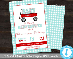 Red Wagon Baby Shower Invitation Bundle, Printable Baby Shower Invites, Checkered Baby Shower Invite Set, Baby Shower Invitation Package