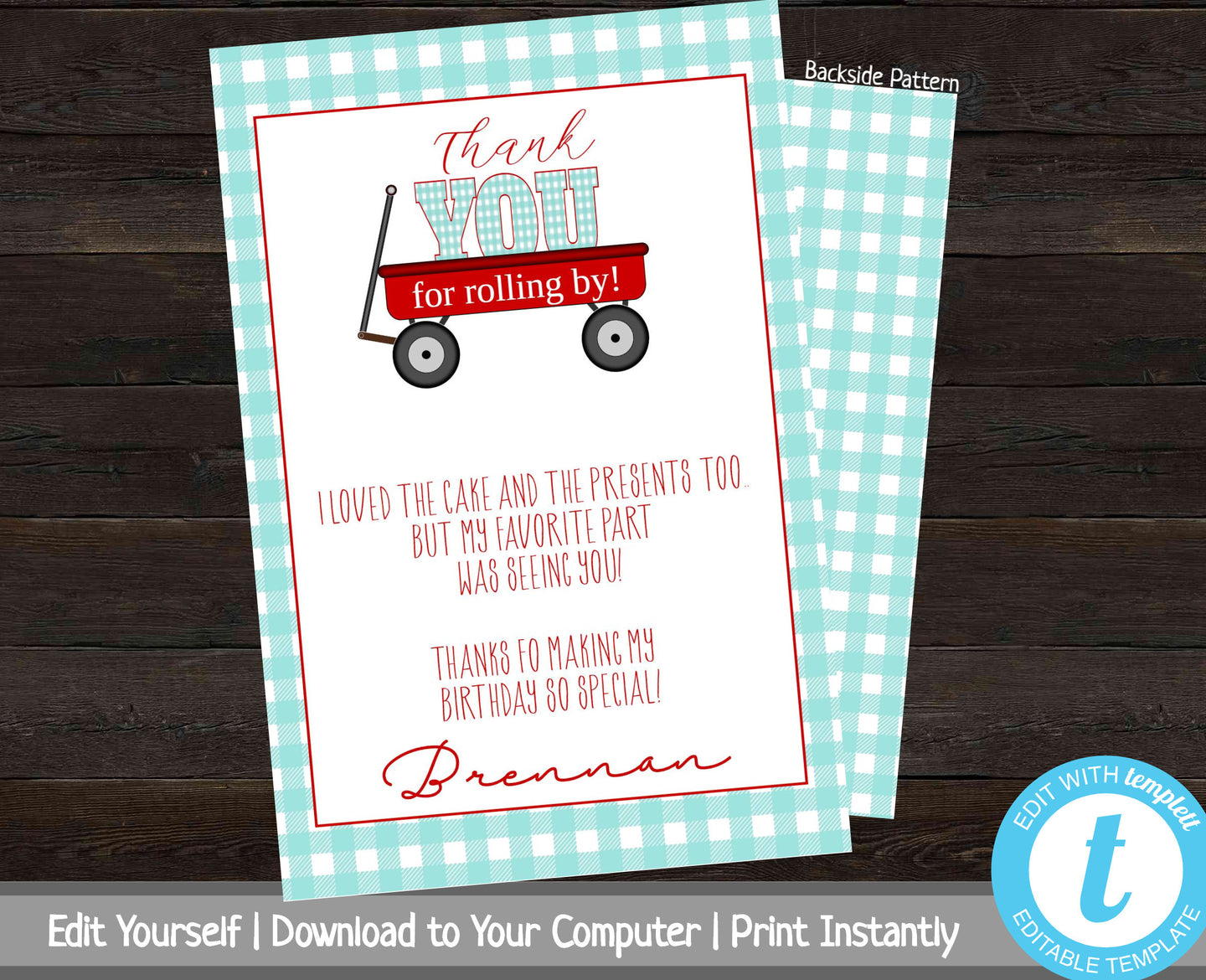Thank You For Rolling By, Printable Birthday Thank You Card, First Birthday, Red Wagon Thank You Card, Teal Checkers, Customizable Thank You