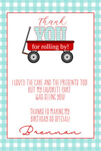 Load image into Gallery viewer, Thank You For Rolling By, Printable Birthday Thank You Card, First Birthday, Red Wagon Thank You Card, Teal Checkers, Customizable Thank You