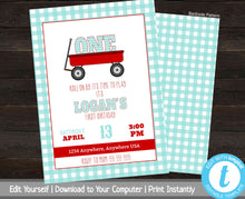 Load image into Gallery viewer, Red Wagon First Birthday Invitation Set, 1st Birthday Invite and Thank You Card Bundle, Teal Checker, Baby&#39;s First Birthday Party, Printable