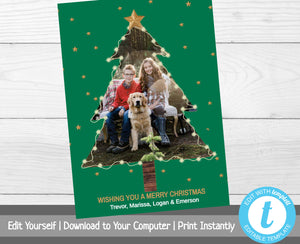 Photo Christmas Cards, Christmas Tree Card with Photo, Holiday Card, Merry Christmas, Happy Holidays, Printable Christmas Card, Template