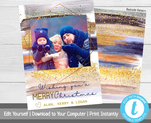 Striped Christmas Card with Photo Template, Glitter Holiday Card, Metallic Stripes, Merry Christmas, Happy Holidays, Printable Template